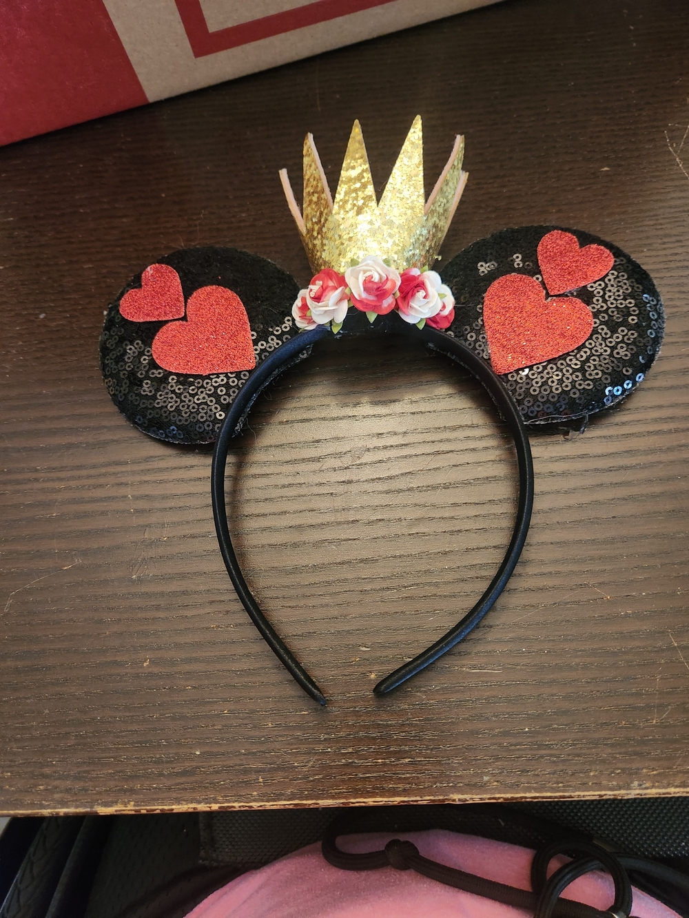 Queen Of Hearts Hand Crafted Black Sequin Minnie Mickey Ears Headband